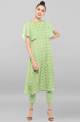Janasya Women's Light Green Poly Crepe Kurta With Pant 2