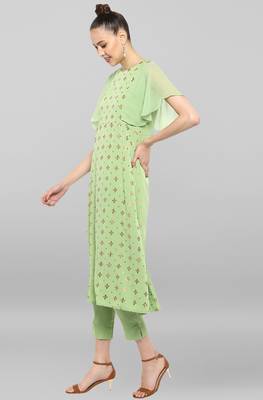 Janasya Women's Light Green Poly Crepe Kurta With Pant 3