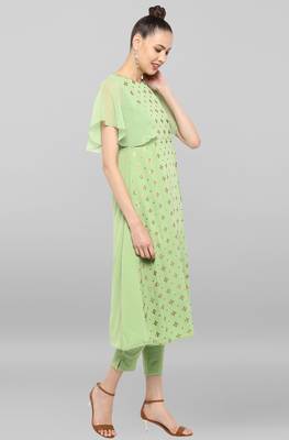 Janasya Women's Light Green Poly Crepe Kurta With Pant 4