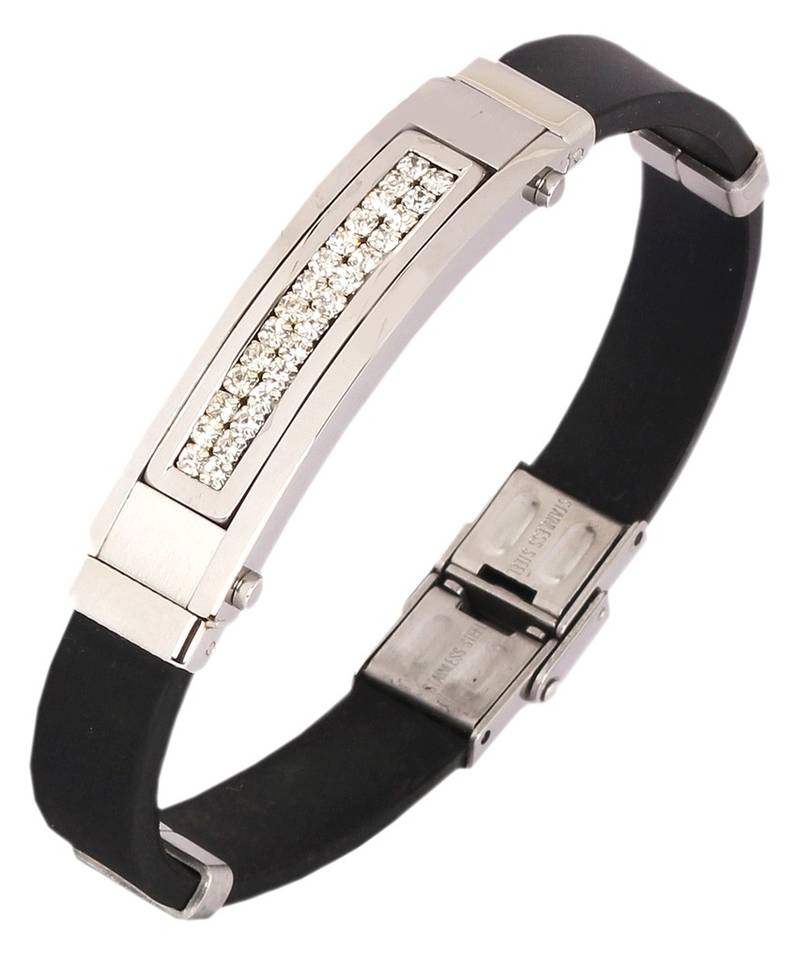 stainless steel CZ cluster rhodium rubber strap wrist band bracelet