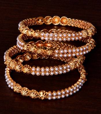 Gold Plated Pearls Embellished Designer Bangles BD383 1
