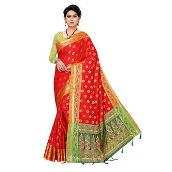 Red woven Banarasi Art Silk saree with blouse 1