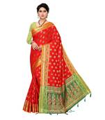 Red woven Banarasi Art Silk saree with blouse