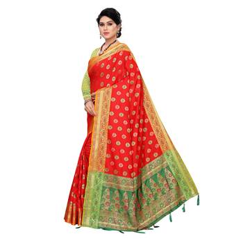 Red woven Banarasi Art Silk saree with blouse 2