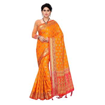 Yellow woven Banarasi Art Silk saree with blouse 1