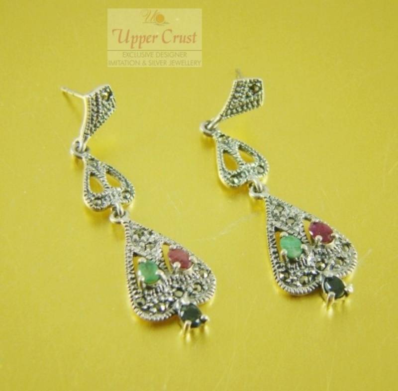 .925 Sterling Silver Marcasite Multi Gemstones Earrings