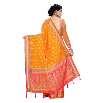 Yellow woven Banarasi Art Silk saree with blouse 4