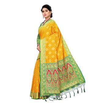 Yellow woven Banarasi Art Silk saree with blouse 2