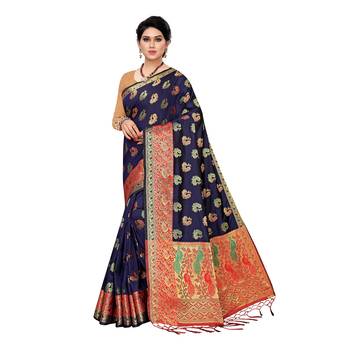 Navy blue woven Banarasi Art Silk saree with blouse 1