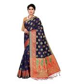 Navy blue woven Banarasi Art Silk saree with blouse