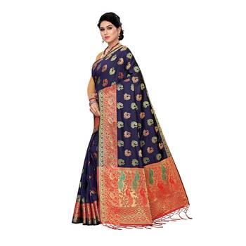 Navy blue woven Banarasi Art Silk saree with blouse 2