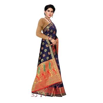 Navy blue woven Banarasi Art Silk saree with blouse 3