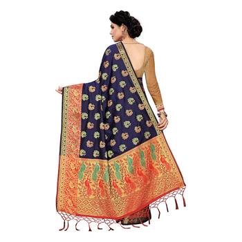 Navy blue woven Banarasi Art Silk saree with blouse 4