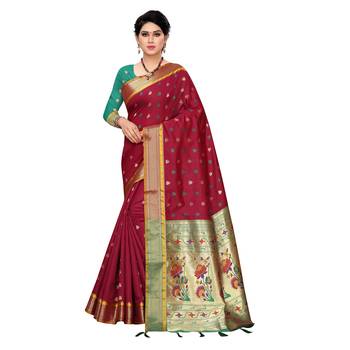 Maroon woven Banarasi Art Silk saree with blouse 1