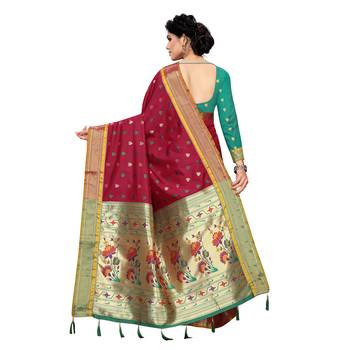 Maroon woven Banarasi Art Silk saree with blouse 4