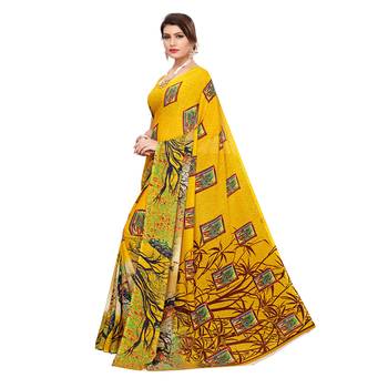 Yellow printed georgette saree with blouse 2