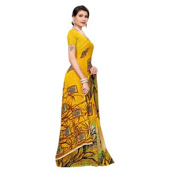 Yellow printed georgette saree with blouse 3