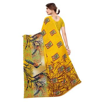 Yellow printed georgette saree with blouse 4
