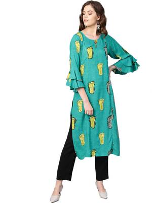 Teal printed rayon kurtas-and-kurtis 1