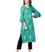 Teal printed rayon kurtas-and-kurtis