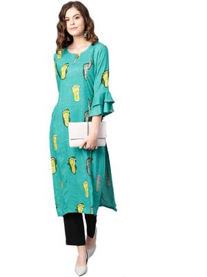 Teal printed rayon kurtas-and-kurtis 3