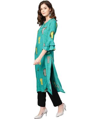 Teal printed rayon kurtas-and-kurtis 4