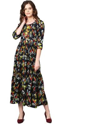 Black printed rayon long-kurtis 1