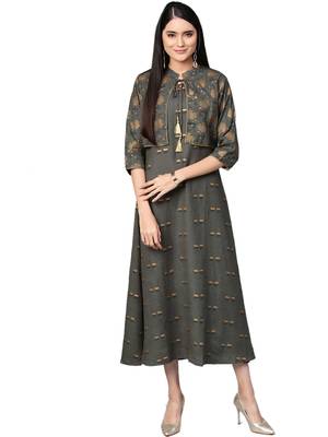 Grey printed rayon long-kurtis 1