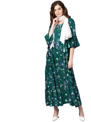 Green printed rayon long-kurtis 1