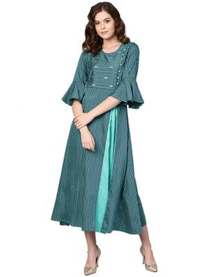 Teal printed rayon long-kurtis 1