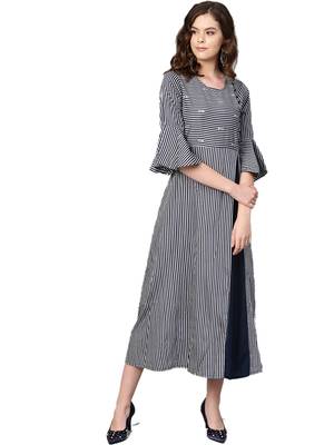 Navy-blue printed rayon long-kurtis 1