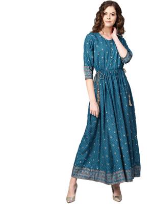 Royal-blue printed rayon long-kurtis 1