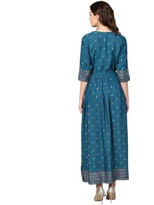 Royal-blue printed rayon long-kurtis 2