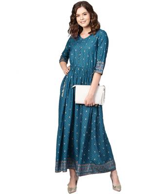 Royal-blue printed rayon long-kurtis 3