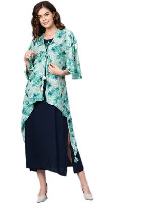 Navy-blue printed rayon long-kurtis 1