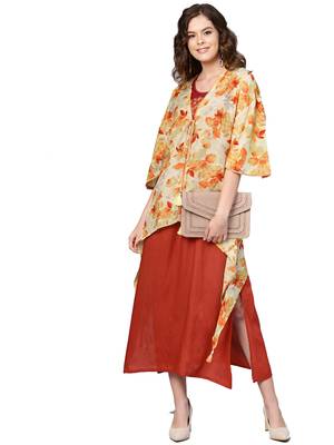 Cream printed rayon long-kurtis 1