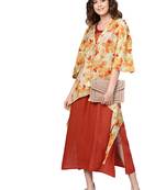 Cream printed rayon long-kurtis