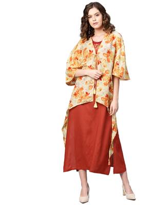 Cream printed rayon long-kurtis 4