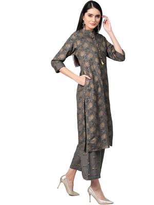 Charcoal foilage print rayon salwar 3