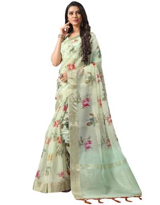 Pista green printed organza saree with blouse 1