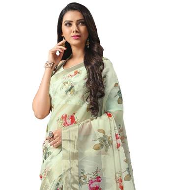 Pista green printed organza saree with blouse 2