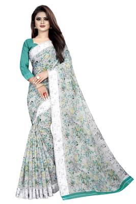 Sky White Linen Floral Printed Saree With weaving lace. 1