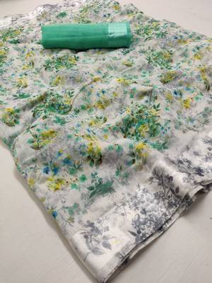 Sky White Linen Floral Printed Saree With weaving lace. 5
