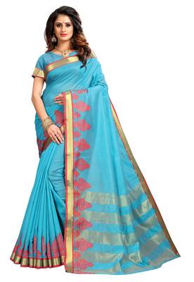 Turquoise woven cotton saree with blouse 1