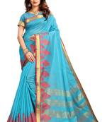 Turquoise woven cotton saree with blouse