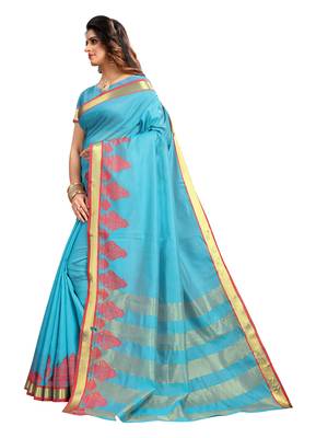 Turquoise woven cotton saree with blouse 2