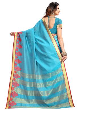 Turquoise woven cotton saree with blouse 3