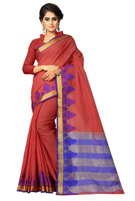 Rust woven cotton saree with blouse 1