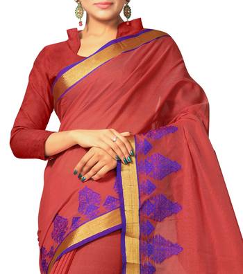 Rust woven cotton saree with blouse 2