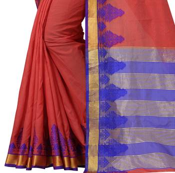 Rust woven cotton saree with blouse 3